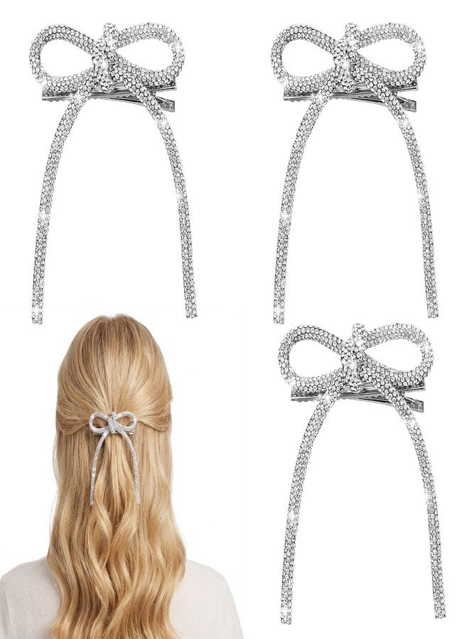 WJIAAA 3 Pcs Silver Rhinestone Bow Hair Clips, Bling Bling Hair Accessories Sparkly Crystal Rhinestone Bowknot Clips Duckbill Barrettes Non-Slip Jeweled Diamond Bow for Women Wedding Christmas Party - Image 1